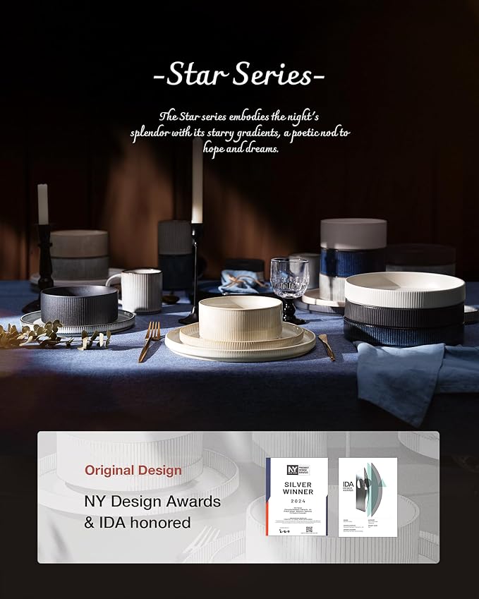 famiware Star 8.25" Pasta Bowls Set of 4, Bowl Plate, Dark Charcoal & White | - Image 7