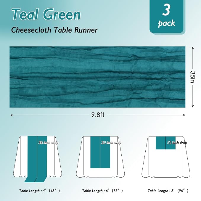 3 Pack Teal Green Cheesecloth Table Runner 120 Inch Boho Wedding Decor | - Image 2