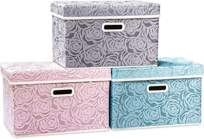 PRANDOM Collapsible Storage Cubes with Lids Fabric Decorative Storage Bins Boxes Organizer Containers Baskets with Cover Handles for Bedroom Closet Living Room 14.9x9.8x9.8 Inch 3 Pack