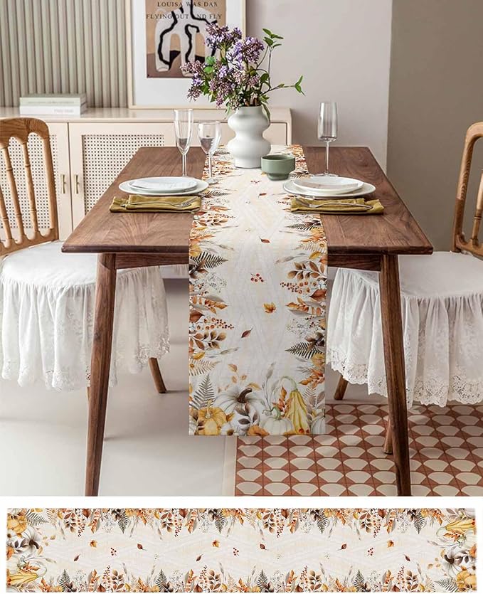 White Golden-Yellow Pumpkin Fall Table Runner 120 Inches Long, Thanksgiving - Image 4