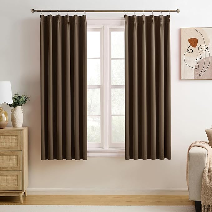 KEQIAOSUOCAI Pleated Blackout Curtains 45 Inches Long, Thermal Insulated Room Darkening Bedroom Drapes 2 Panels Set Burg Pinch Pleats Viral Curtains for Kids Room/Living Room(Brown,40"x 45"x 2 PCs)