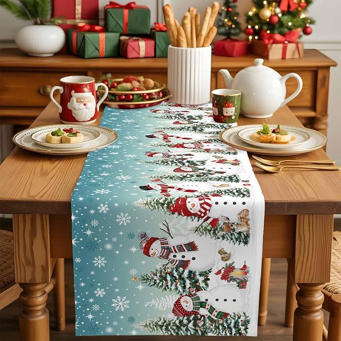 Teal Christmas Snowman Table Runner 36 Inches Long, Xmas Trees Snowflake Table - Image 5