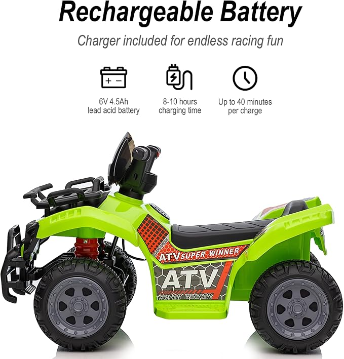 Kids ATV 4 Wheeler, 6V Ride-On Toy for Toddlers Boys & Girls with Music, Forward & Reverse - Green