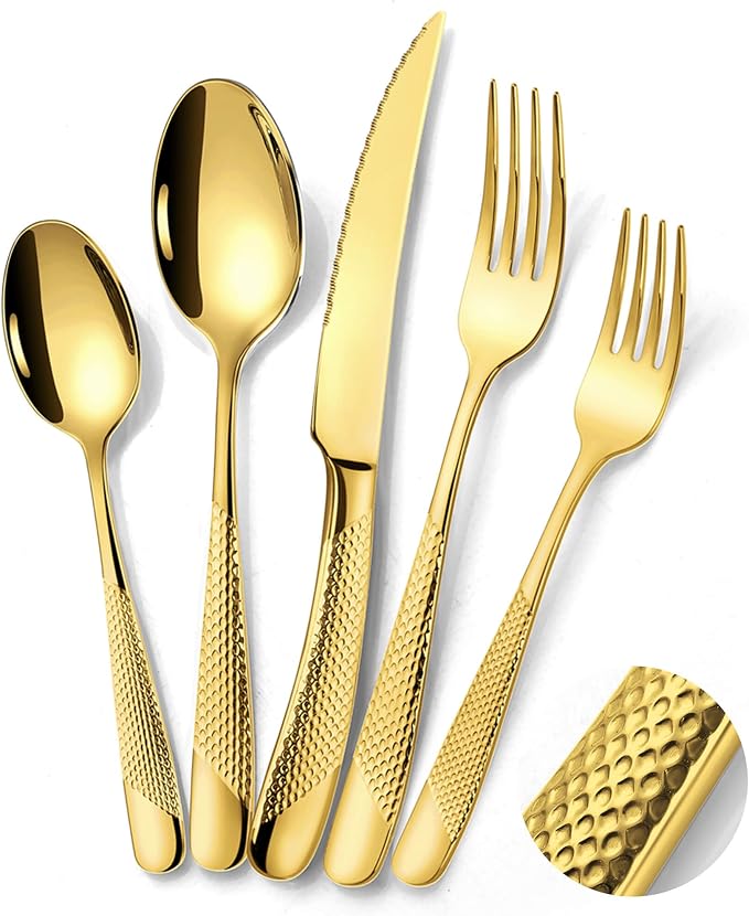 30-Piece Hammered Gold Silverware Set by Lemeya