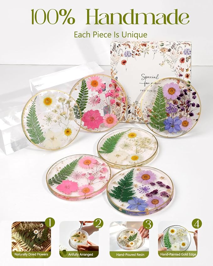Oqplog Resin Drink Coaster for Desk Coffee Table-Purple Cute Dried Flowers Cup - Image 7