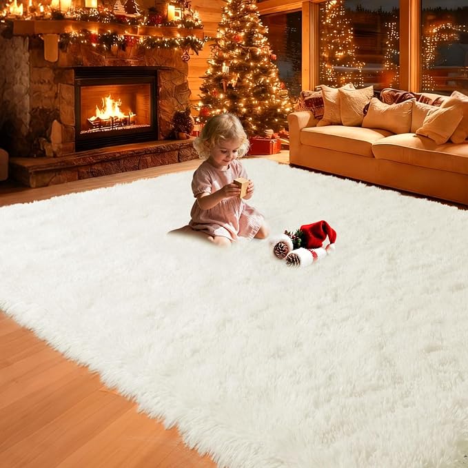 8x10 Area Rugs Living Room, Cream White Large Plush Fluffy Bedroom Carpet - Image 9
