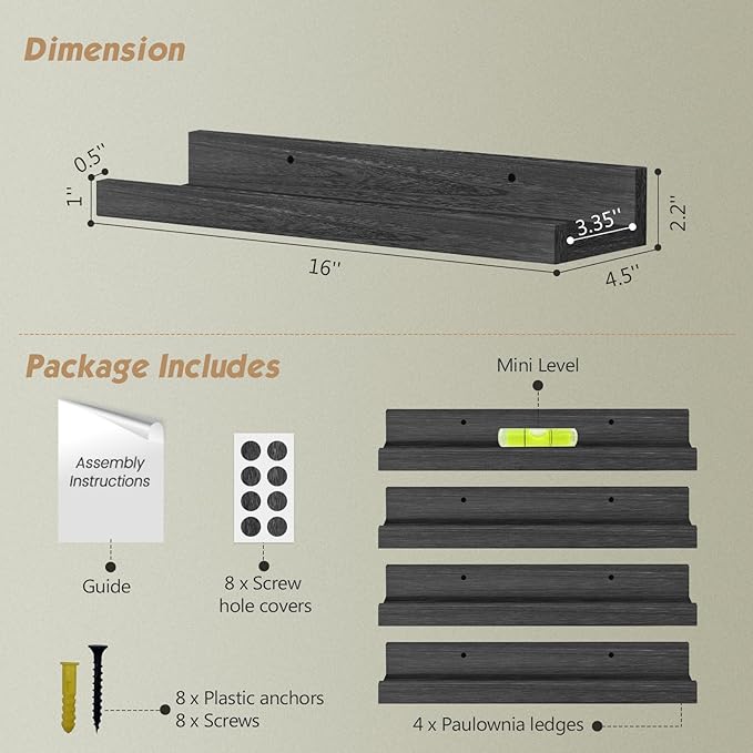 Forbena Black Floating Shelves for Wall with Lip Set of 4, Small Picture Ledge Shelf for Living Room Bedroom Books, Wood Wall Mounted Shelves for Bathroom Decor Entryway Kitchen Storage (Black)