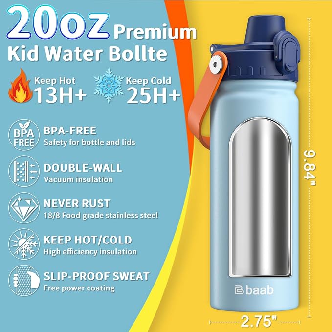 baab 20oz Kids Insulated Water Bottle 18/8 Stainless Steel Kids Cup 2 Pack | - Image 2