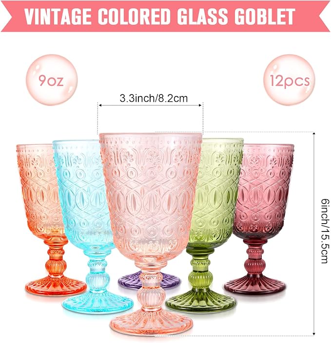 Eaasty Wine Glasses Set of 12 Vintage Goblet 9 oz Vintage Colored Glass Goblet - Image 2