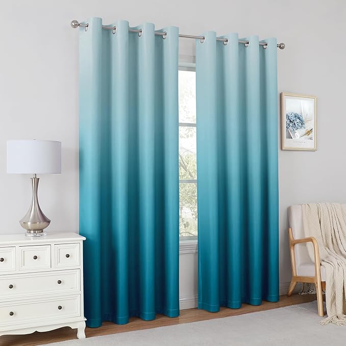 HOMEIDEAS Turquoise Ombre Blackout Curtains 52 X 96 Inch Length Gradient Room Darkening Thermal Insulated Energy Saving Grommet 2 Panels Window Drapes for Living Room, Bedroom
