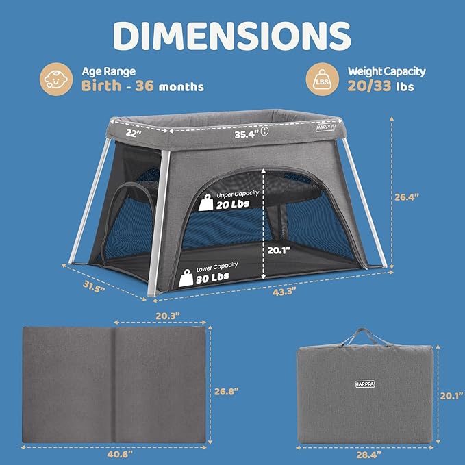 HARPPA Travel Crib with Comfy Mattress, Lightweight Portable Crib Requires No Assembly, Foldable Pack and Play for Baby and Toddlers, Compact Play Yard with Bed,Gray