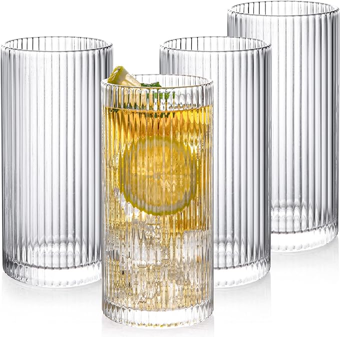 Drinking Glasses with Origami Style Set of 4 Glass Cups, 12 oz Ribbed Glassware by Polishyourdreamlightupthefuture