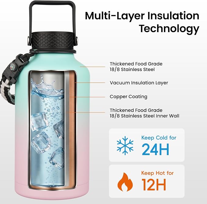 Konokyo 64 oz Insulated Stainless Steel Water Bottle Jug - Image 3