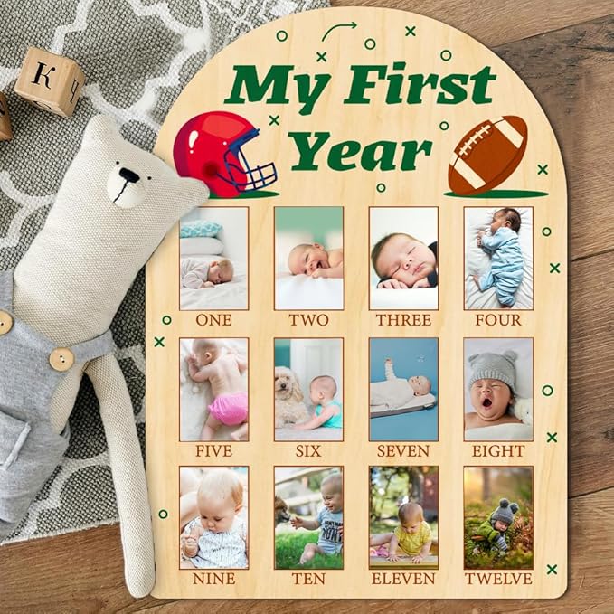 ORIGACH My First Year Baby Growth Photo Display Wood Board - 12 Months Newborn Milestones Photo Board - Neutral Baby Keepsake Frame 1st Birthday Party Nursery Decor New Mom Gift - Football