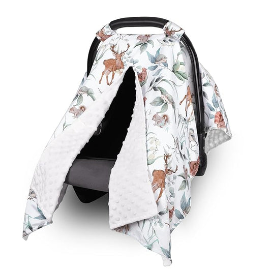 TANOFAR Baby Carseat Canopy, Peekaboo Opening Car Seat Canopy for Babies, Soft and Breathable Infant Carrier Canopy, Multi-use Baby Carrier, Stroller, Nursing Cover, Minky Blanket, Animal Leaf