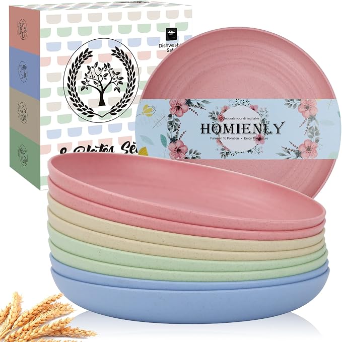 Deep Dinner Plates Set of 8 Unbreakable Wheat Straw Plates Plastic Reusable by HOMIENLY