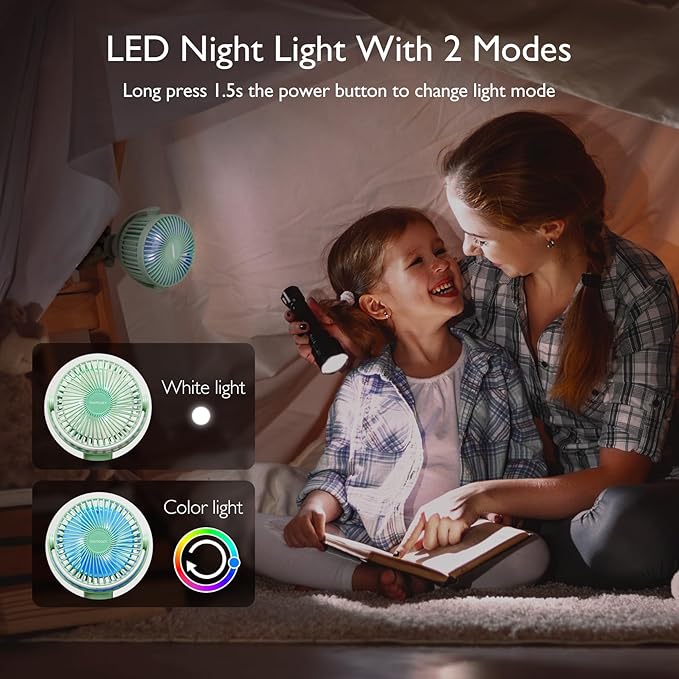 Momcozy Portable Stroller Fan, 8000mAh, 27H Ultra-long Battery Life, Detachable 4 Speed 360°Rotate, LED Night Light with 2 Modes, USB Rechargeable Handheld Cooling Fan for Travel, Car Seat, Bedroom