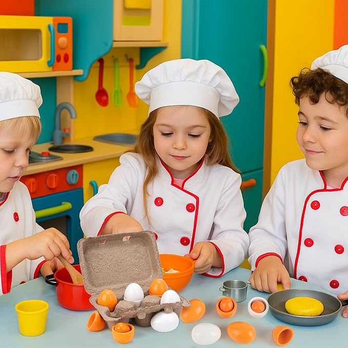 HANSGO Play Food Sets for Kids Kitchen, 6PCS Wooden Toy Food Pretend Play Egg Games for Children Cooking DIY Early Development Learning Skills