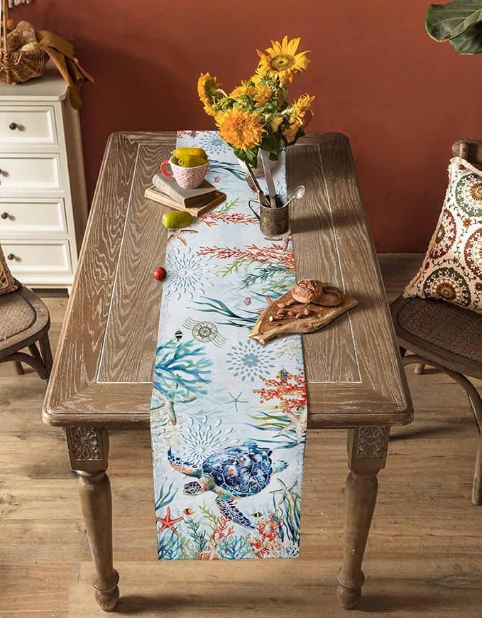 Sea Turtle Coastal Table Runners 48 Inches Long, Summer Beach Coral Table - Image 4