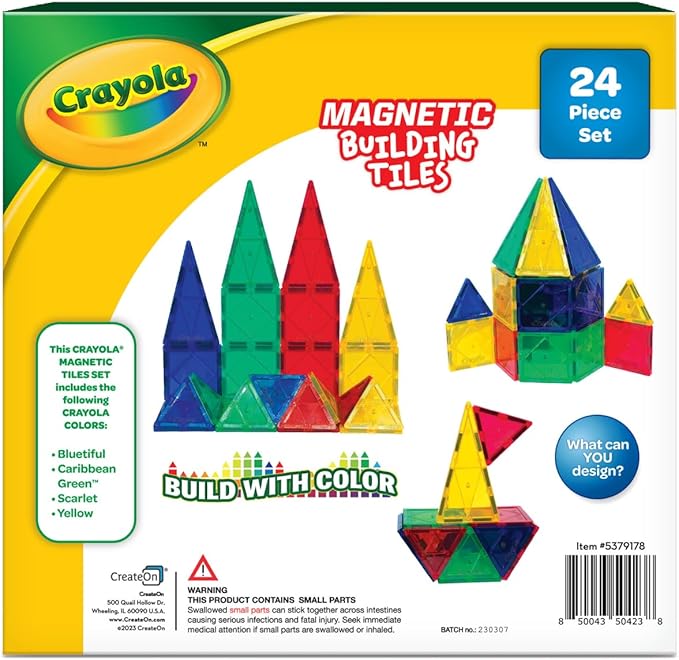 CreateOn Crayola Bold Magnetic Tiles, Building Set for Kids, Magnetic Tiles, Kids’ Building Toys, STEM and Montessori Toys for Boys and Girls Ages 3+, 24-Piece Set (Bold)