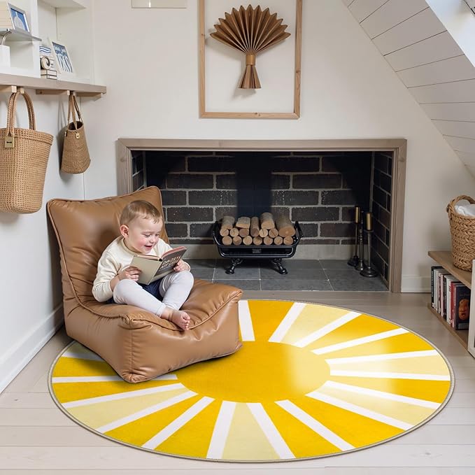 Lahome Yellow Rainbow Sun Round Rug: 4ft Washable & Non-Slip Low Pile - Image 6