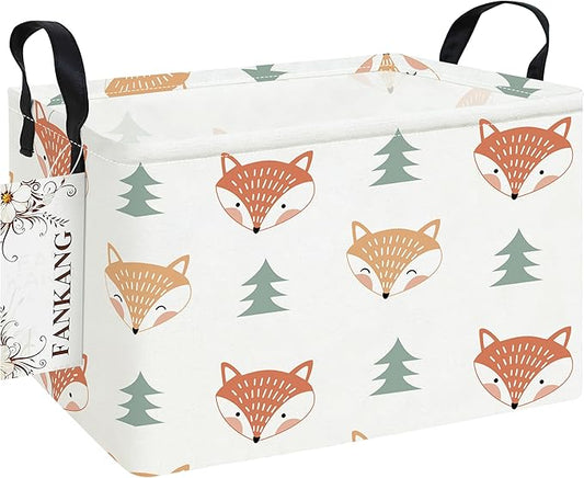 FANKANG Storage Bins, Nursery Hamper Canvas Laundry Basket Foldable with Waterproof PE Coating Large Storage Baskets for Kids Boys and Girls, Office, Bedroom, Clothes,Toys(Rec-Fox ）