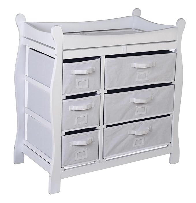 Badger Basket Sleigh Baby Changing Table with 6 Storage Drawers, Cushioned Changing Pad, Nursery Organizer, Sturdy White Wood Furniture for Infant Care