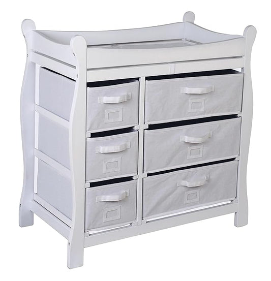 Badger Basket Sleigh Baby Changing Table with 6 Storage Drawers, Cushioned Changing Pad, Nursery Organizer, Sturdy White Wood Furniture for Infant Care