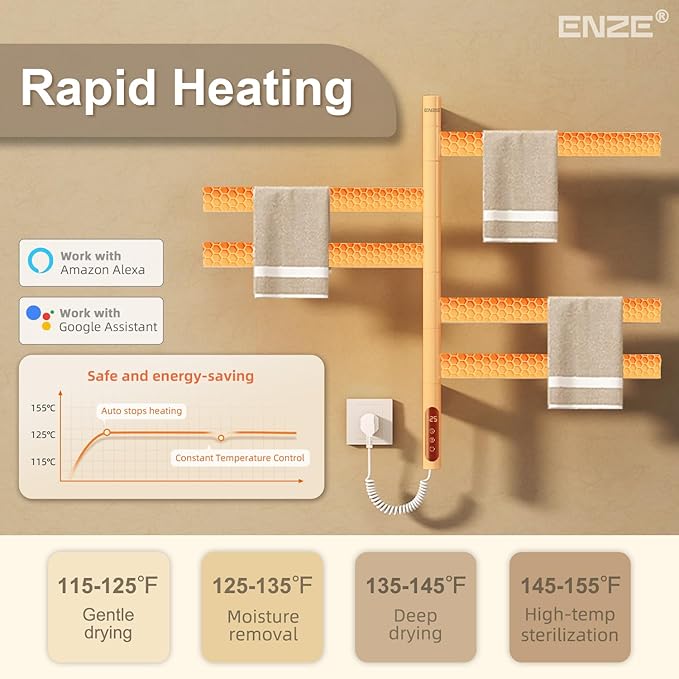 ENZE Smart Rotating Heated Towel Rack for Bathroom, Wall-Mounted Electric Towel Dryer with Swivel Bars, Smart Timer, Low Carbon Steel, IPX5, Plug-in/Hardwired, Towel Warmer with Wi-Fi App Control