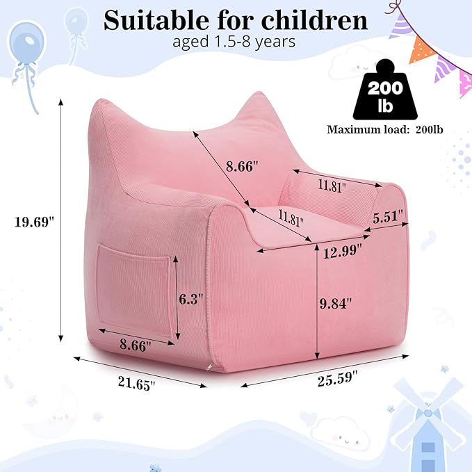 HOMMPA Kids Bean Bag Chair Stuffed Toddler Bean Bag Sofa with Pocket Filler Bean Bag Chair for Kids Boys and Girls Baby Lazy Floor Sofa Chair for Gaming Reading Playing Pink