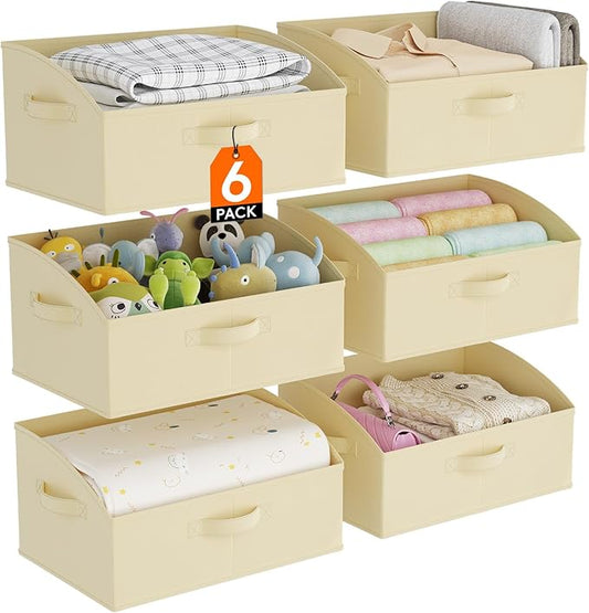 Lifewit Storage Baskets for Shelves, 6 Packs Non-woven Fabric Trapezoid Closet Organizer Bins with Handles, Foldable Clothing Containers Box for Clothes, Toy, Towel, Book, DVD, Hats, Medium-Beige