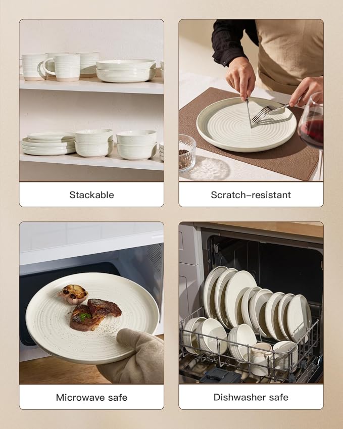 Stoneware Dinnerware Sets for 6, Plates and Bowls, Cream | 18-Piece Ceramic - Image 4