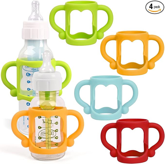 HUAKENER Silicone Baby Bottle Handles (4 Pack) - Easy Grip Holder for Dr. Brown Narrow Bottles - BPA Free