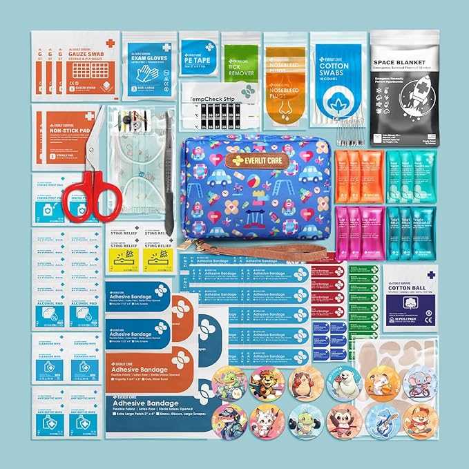 EVERLIT Care Rescue Pack | Family-Friendly First Aid Kit for Kids with 200 Pcs Medical Supplies | Travel-Friendly Compact Storage Bag for Home, Car, Travel, Camping, Adventure (Playground)