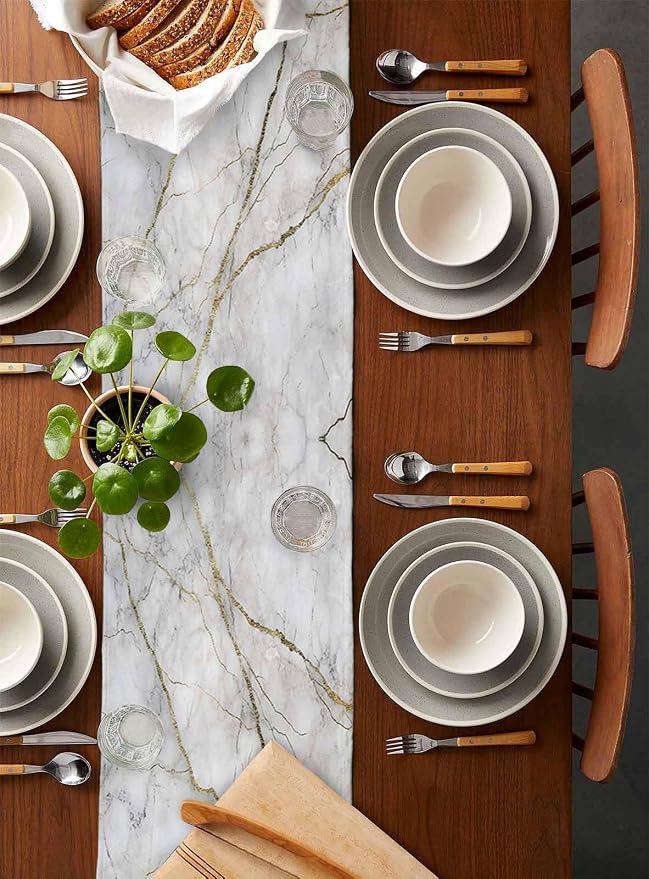 Marble Table Runner-Cotton Linen-Long 120 inche White Gray Gold Dresser Scarves - Image 2