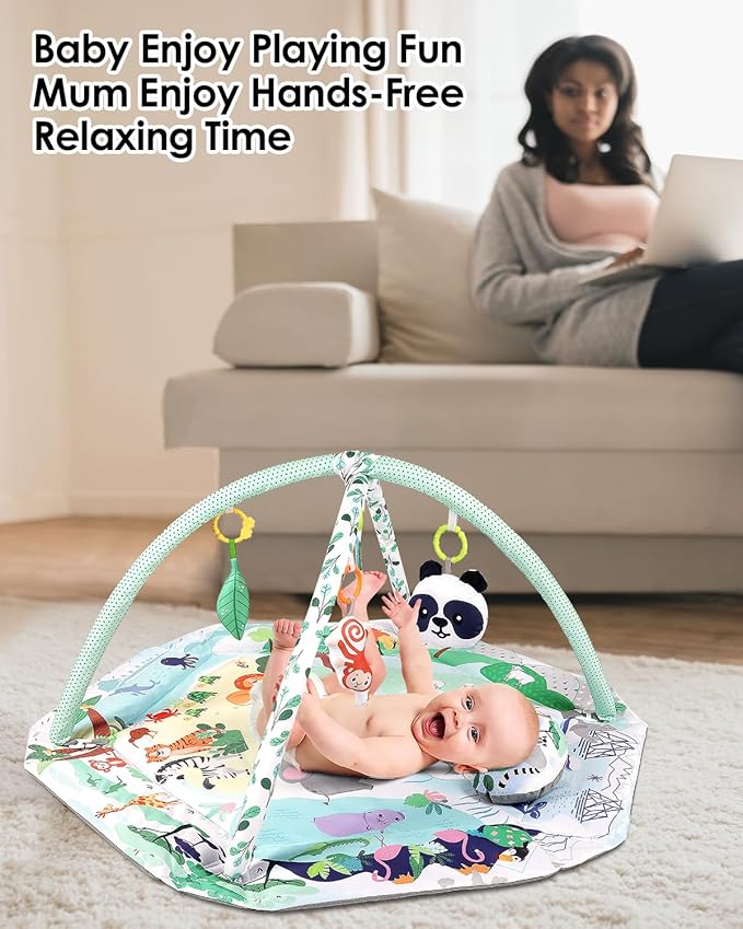 dearlomum 4-in-1 Tummy Time Mat,Baby Activity Play Mat,Newborn Play Baby Mats for Floor with 6 Infant Learning Sensory Baby Toys, Toddler Motor Skill Development,Babies Ball Pit with 18 Ocean Balls