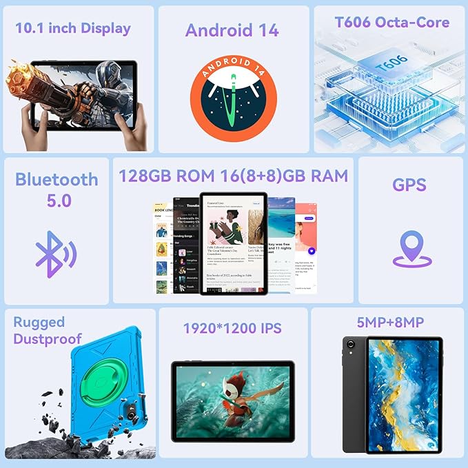 HUIHUANG Tablet 10 Inch Android 14 Tablet, 16GB RAM 128GB ROM, 1TB Expansion, Octa-core, Large Capacity Battery, 5MP + 8MP Dual Camera, 5G/2.4G WiFi, Bluetooth 5.0, GPS, Drop-Proof Case (Blue)