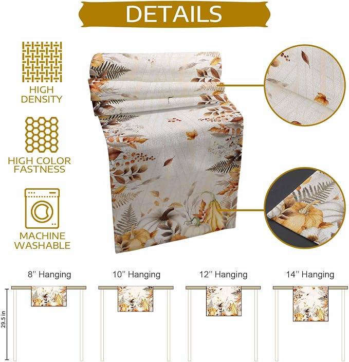 White Golden-Yellow Pumpkin Fall Table Runner 70 Inches Long, Thanksgiving - Image 8