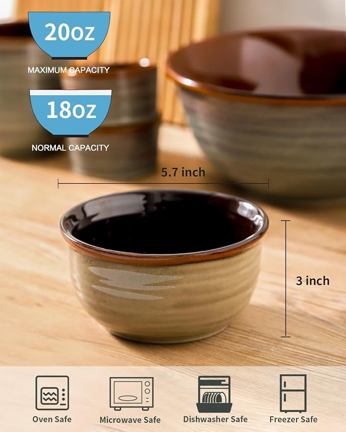 HASENSE Ceramic Cereal Bowls Set of 6, 20 oz Reactive Glaze Grey Soup Bowls | - Image 3