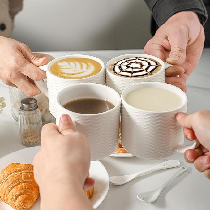 HASENSE Coffee Mugs 12 OZ Ceramic Cups Set of 4, Stackable Embossed Coffee Cups - Image 2