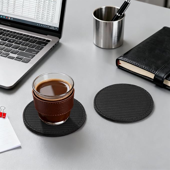 Leather Coasters Set of 6 with Holder, Tabletop Protection, Coffee Table & Bar - Image 4