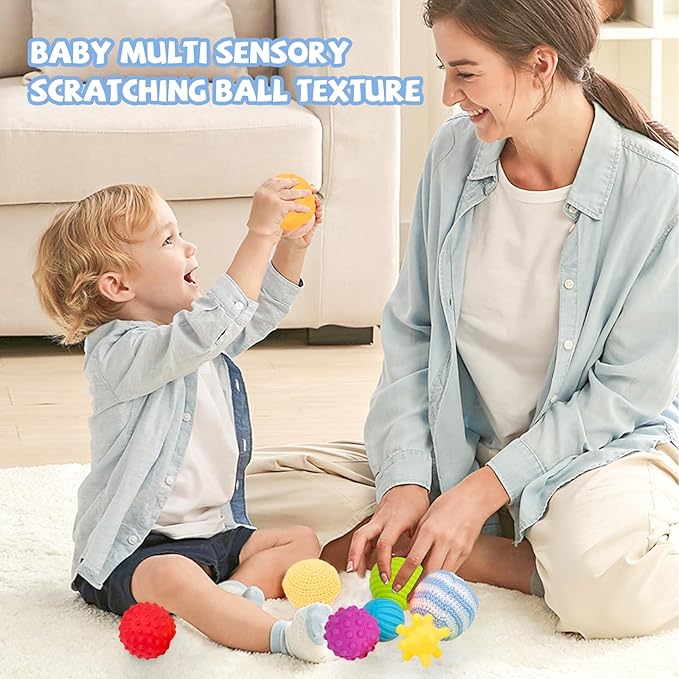 Adena Montessori 8 Pack Sensory Balls for Toddlers 1-3,Sensory Baby Toys 6-12 Months,Infant Educational Squeeze Sensory Toy Soft Multi Ball Set Gifts with Bright Color Textured with White Woven Basket