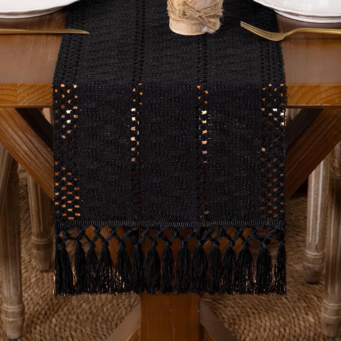 DeZerlor Black Boho Macrame Farmhouse Woven Table Runner 108Inch | Cotton Linen by DeZerlor