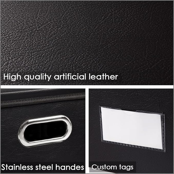 PRANDOM Extra Stackable Storage Bins with Lids [5-Pack] Leather Fabric Foldable Storage Boxes Organizer Containers Baskets Cube with Cover for Bedroom Closet Office Nursery Black (22.8x15.7x13.8)