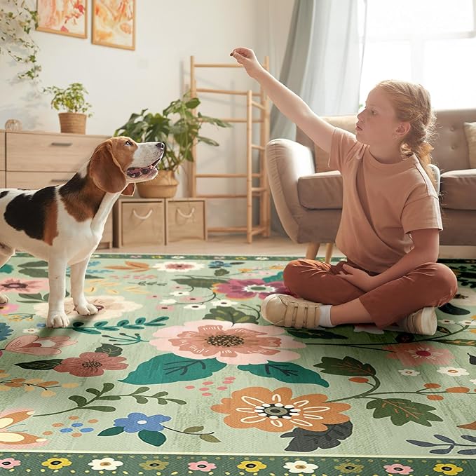 Floral 2x8 Area Rug Machine Washable Soft Print Boho Carpet Non Slip Doormat Low Pile Flower Area Rugs for Living Room Bedroom Nursery Kitchen Dining Room Indoor-Light Green