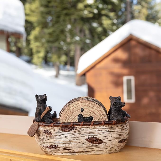 Bear Coasters - Set of 6 Full Size Rustic Coasters in Handmade Canoe - Log - Image 4