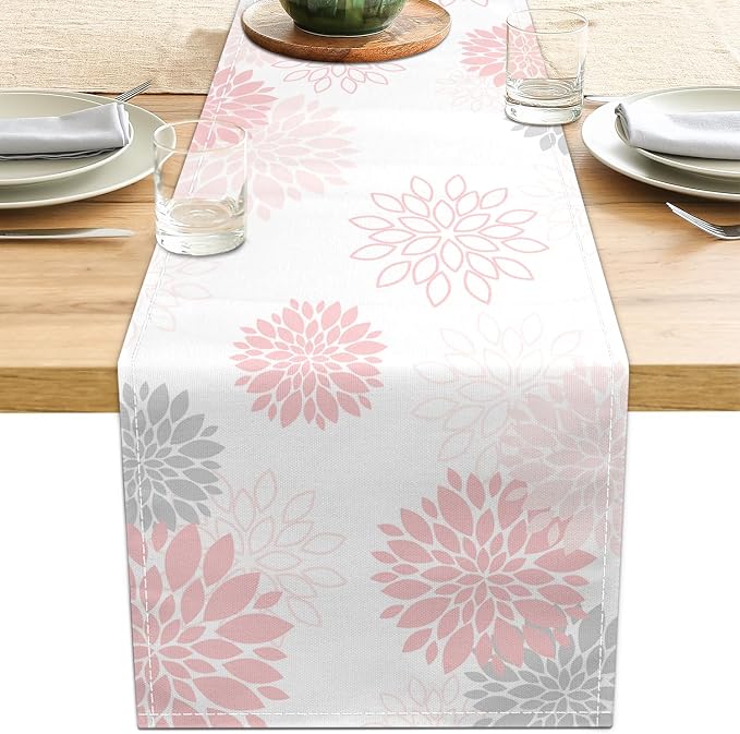 Dahlia Flower Table Runner 13x90 Inch Farmhouse Pink Gray Runners Modern Table by LXXTK
