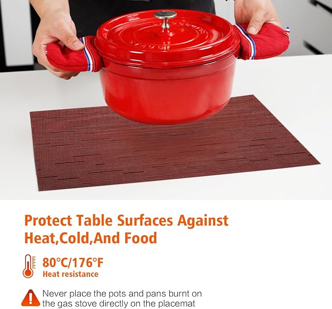 Placemats Set of 4, Vinyl Woven Red Non Slip Table Mats | Heat Resistant - Image 3