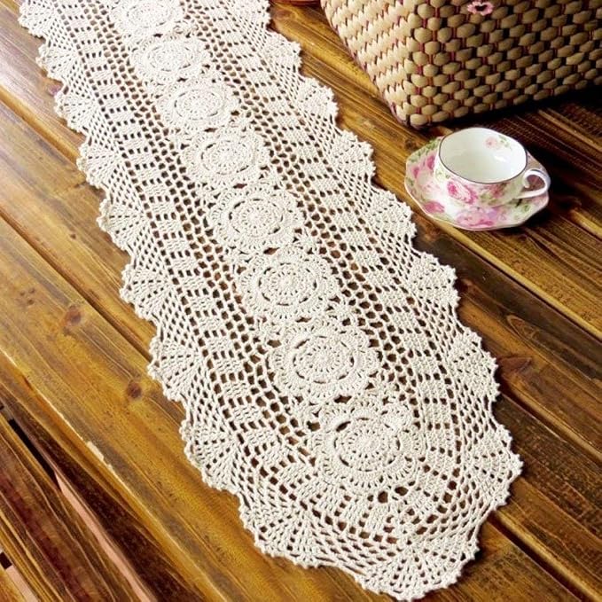 Cotton Handmade Crochet Lace Oval Table Runner Blue 12x36 Inch - Image 2