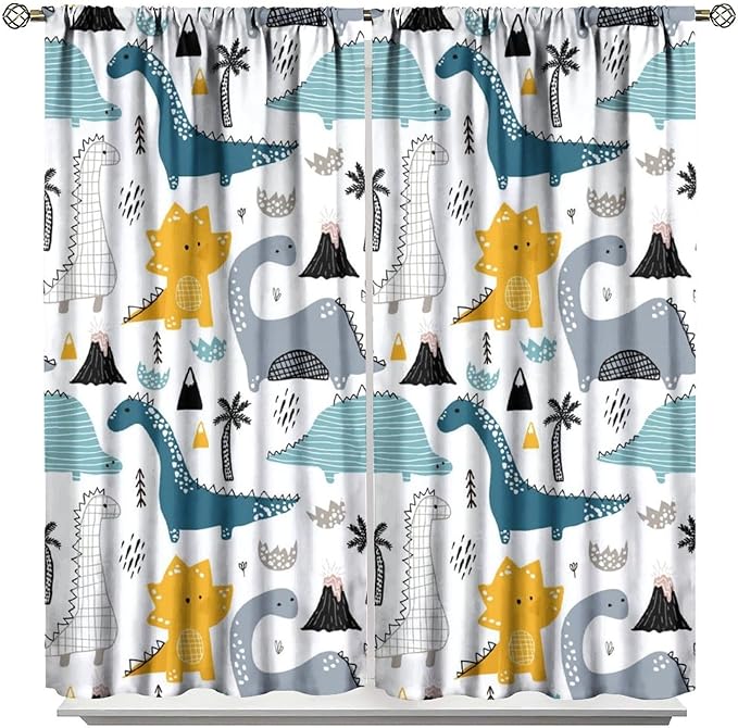 Kids Dinosaur Curtains for Boy Girl Bedroom Decor Cartoon Dino Colorful Cute Funny Wildlife Animal Printed Blackout Rod Pocket Window Drapes for Baby Nursery Playroom Living Room W31.5xL63in 2 Panels